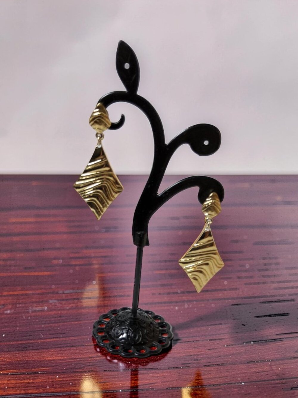 Vintage Trifari Goldtone Dangle Earrings,  Kite Shaped with wave designs circa 1